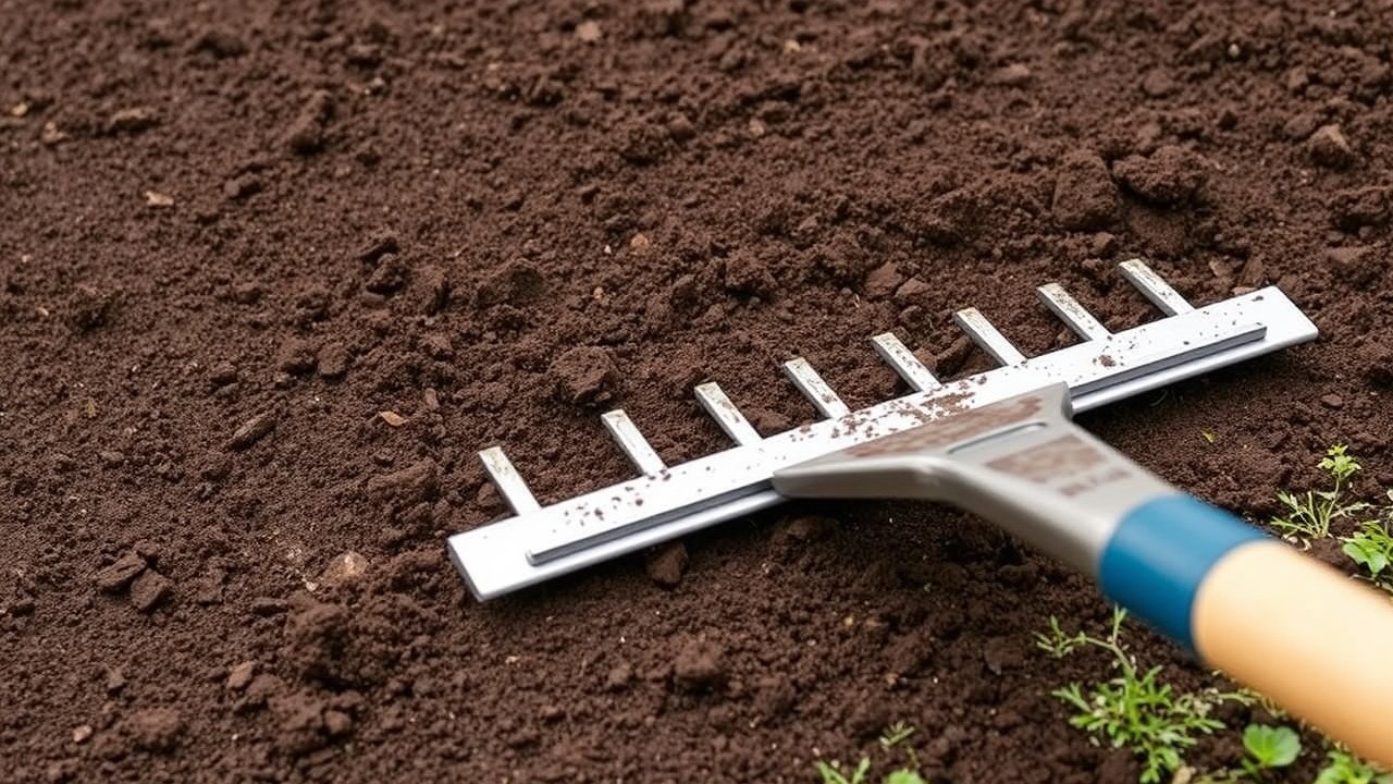 Fresh soil is raked smooth over a lawn area with a metal rake.