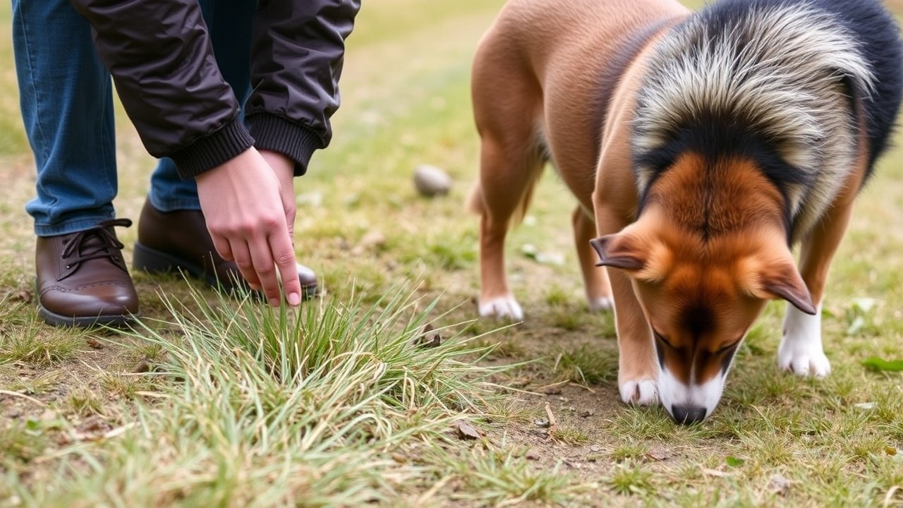A person points at a grass patch as a dog sniffs the soil.