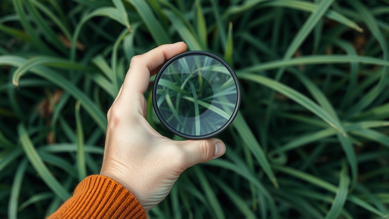 Hand holding a magnifying glass over grass blades.