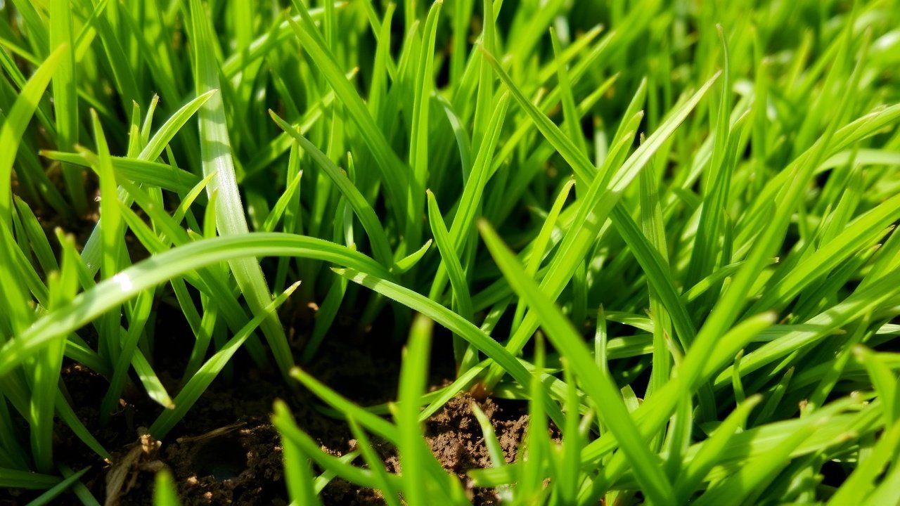 A close-up of dense green grass showing small aeration holes in the soil
