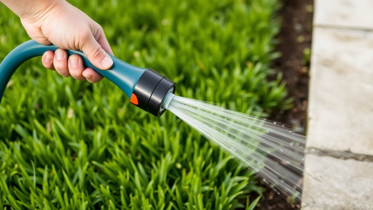 A hand holds a garden hose and waters a green lawn