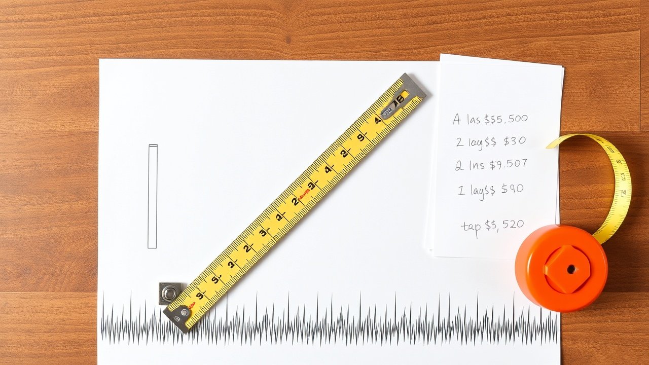 A ruler and measuring tape laid across a yard drawing with cost notes nearby