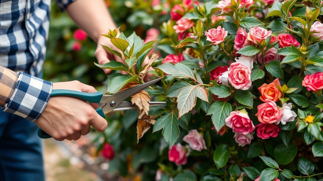 A gardener trimming dead leaves from a flowering bush with shears.