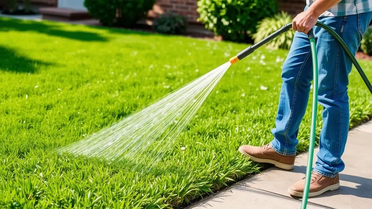 A person is watering a freshly installed lawn with a hose.