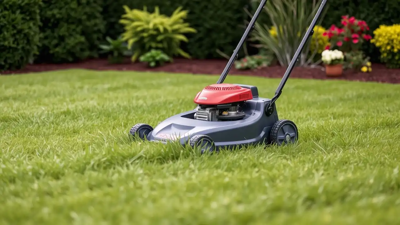 A lawn mower trims the grass in straight lines.
