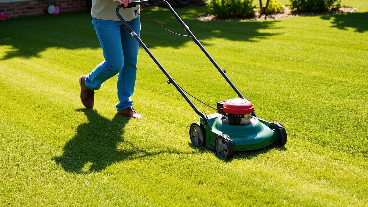 A person mowing a green lawn with a push mower under sunlight.