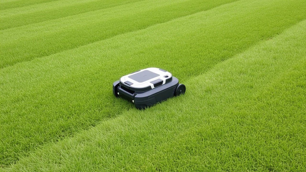 A small robot mower moves across a green lawn leaving neat lines of cut grass