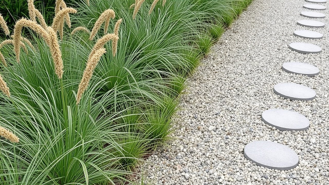 A slim gravel walkway bordered by low ornamental grasses and small round stepping stones.