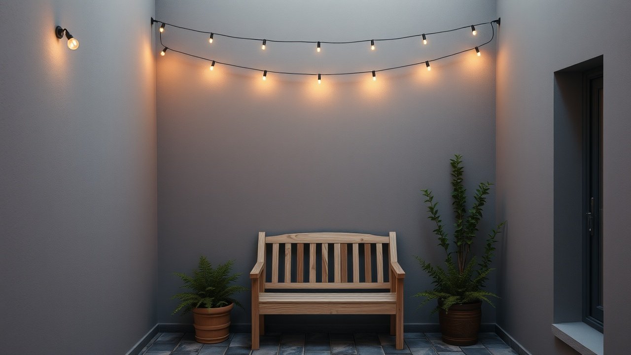 A small wooden bench under a string of soft outdoor lights between the walls.