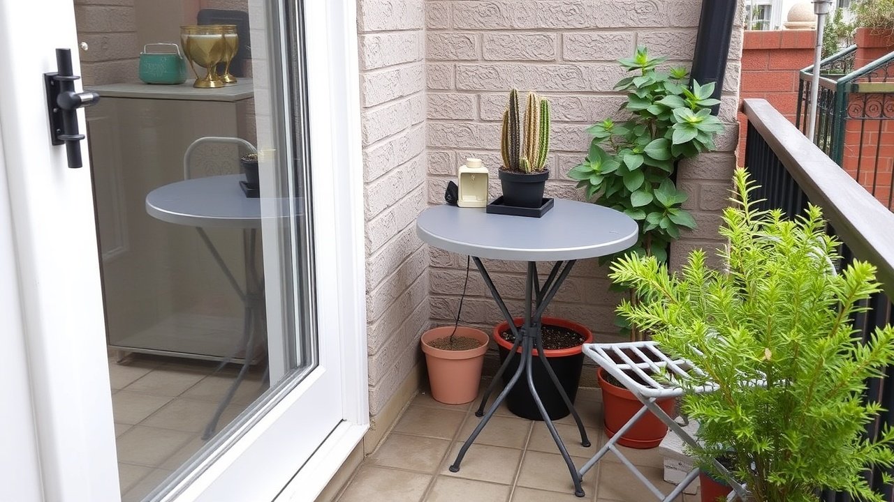 A tiny patio holding a bistro table, two chairs, and pots of succulents.