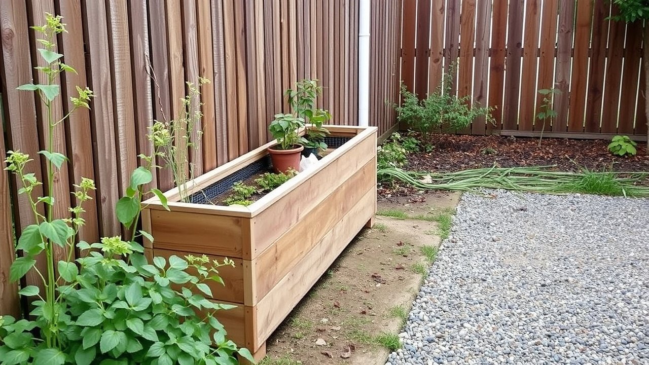 Narrow yard with a raised wooden planter along the fence and a gravel path