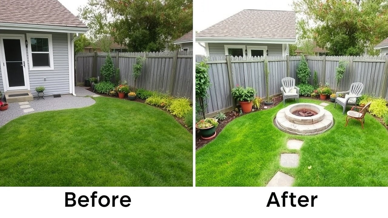 Before-and-after showing a small lawn replaced by gravel, potted plants, and a fire pit