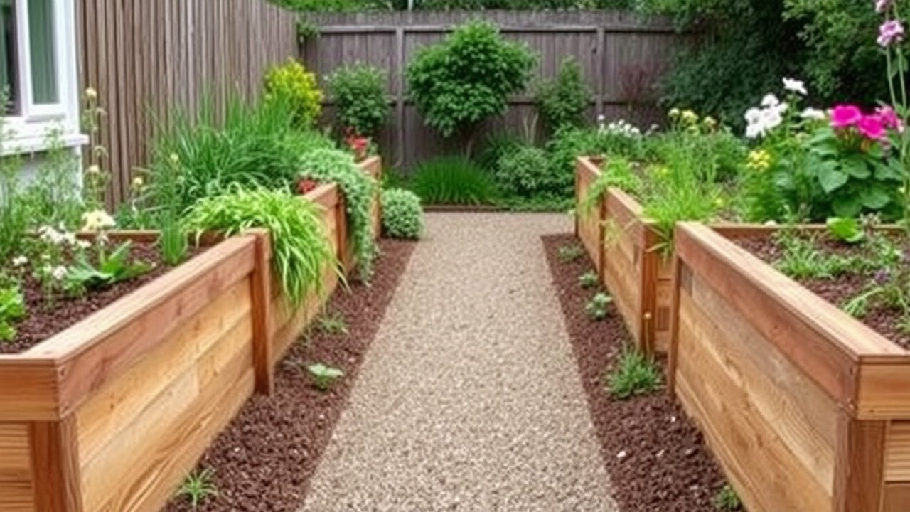 Raised wooden planter beds placed on each side and a central gravel path between them.