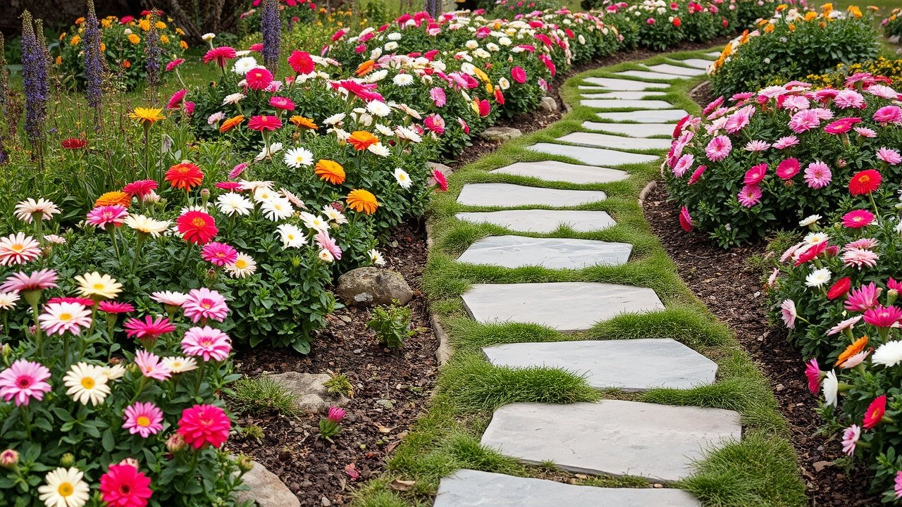 A stone walkway curves through colorful flowers.