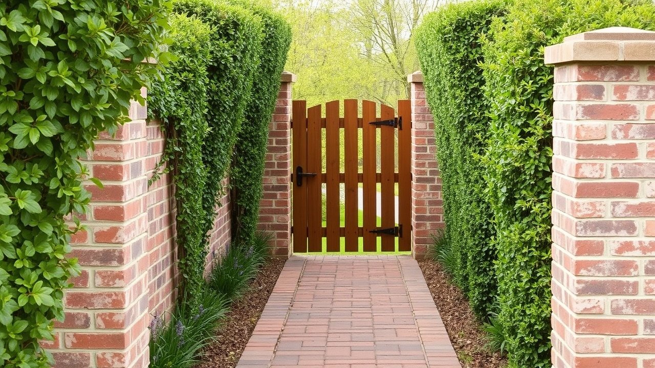 A straight brick path leads to a small wooden gate