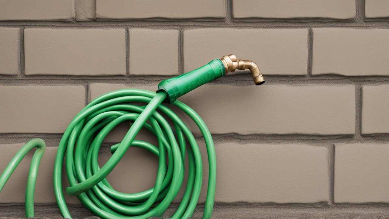 A green garden hose coiled neatly next to a spigot on the house wall