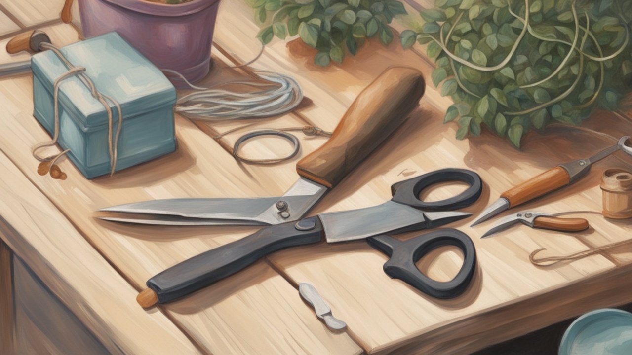 A gardener’s workbench with gardening gloves, pruning shears, and twine on it