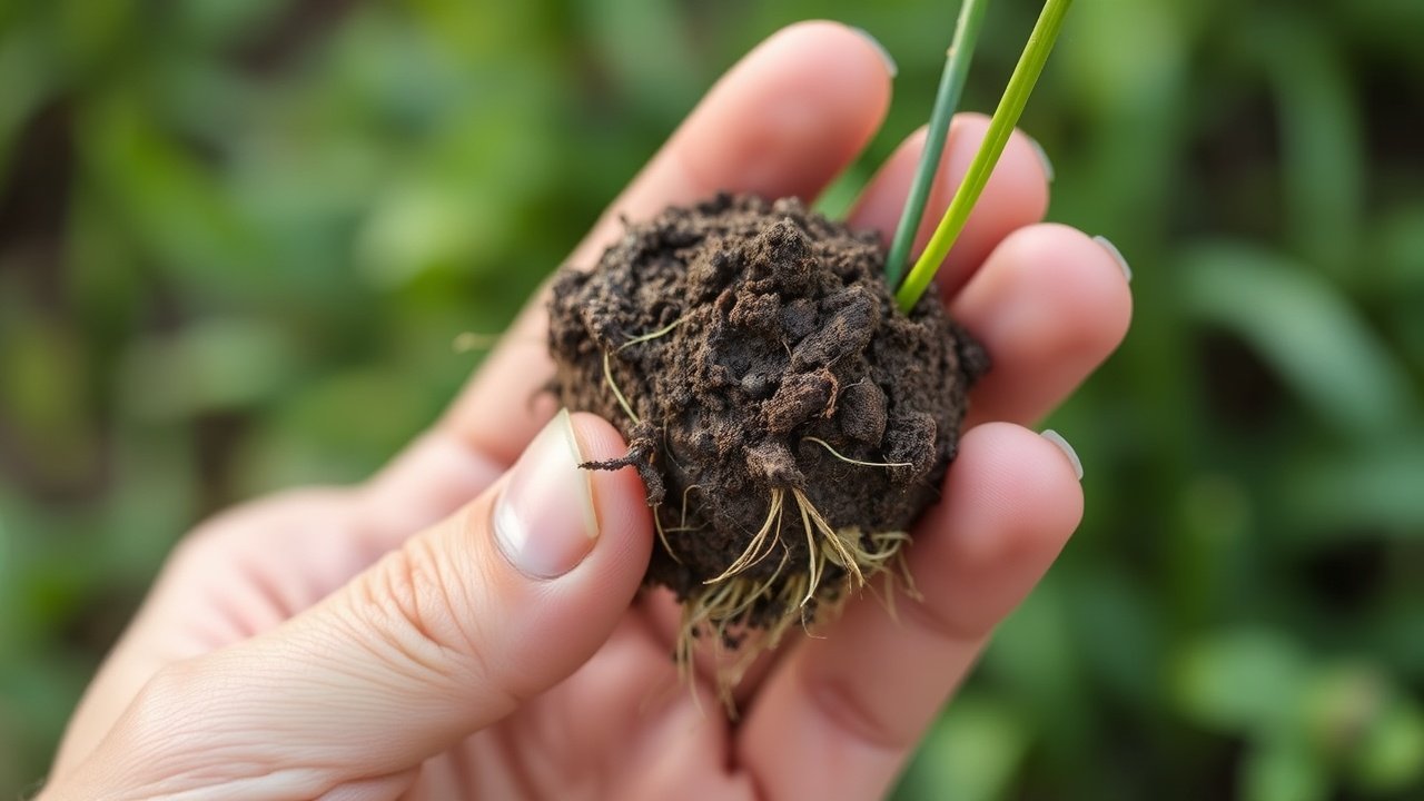 A close up of a hand holding a soil plug with grass roots visible