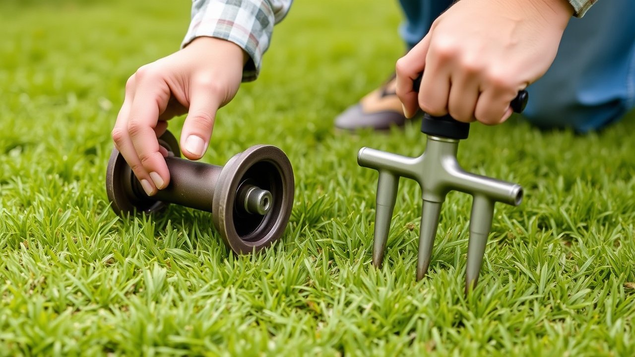 A gardener comparing a hand core aerator and a metal spike tool on the grass