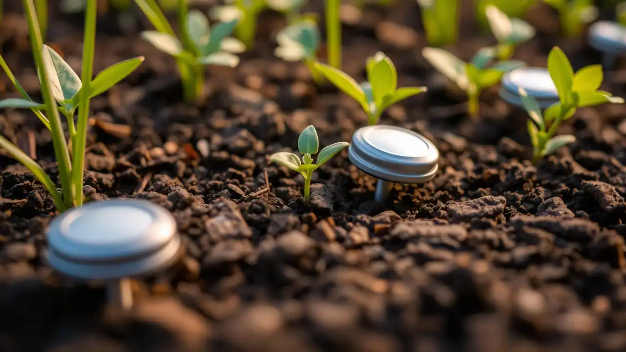 Sensors placed in the soil to measure moisture levels.