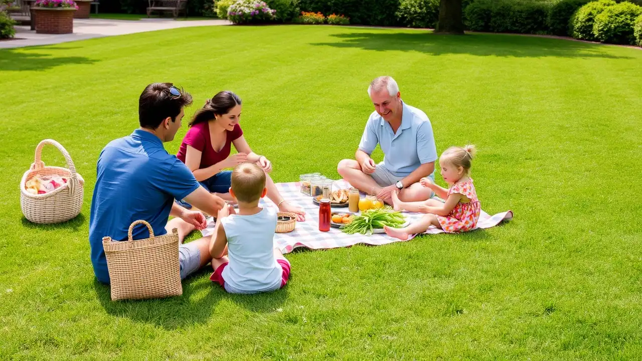A family enjoying a picnic on a perfectly maintained lawn.
