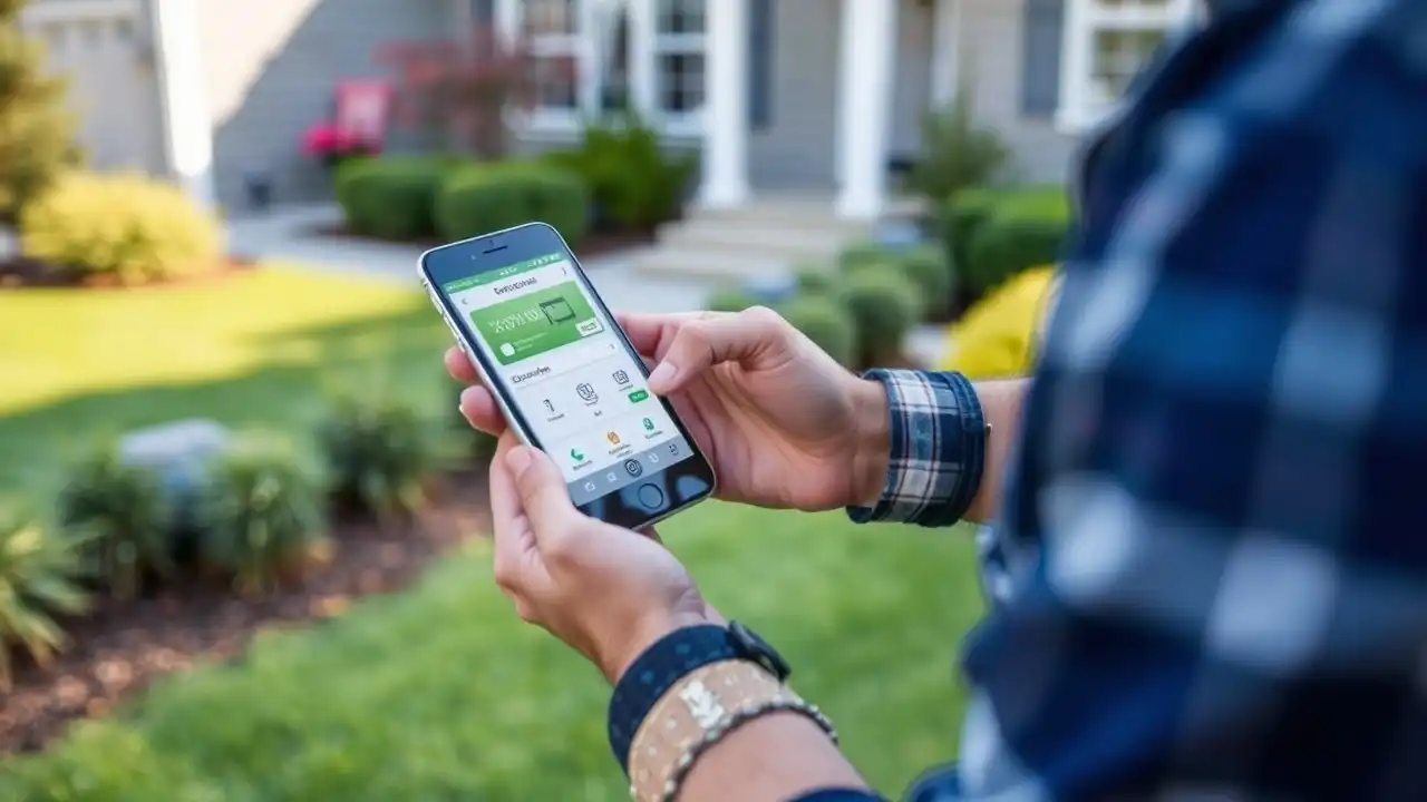 A homeowner using a smartphone to control their lawn system.