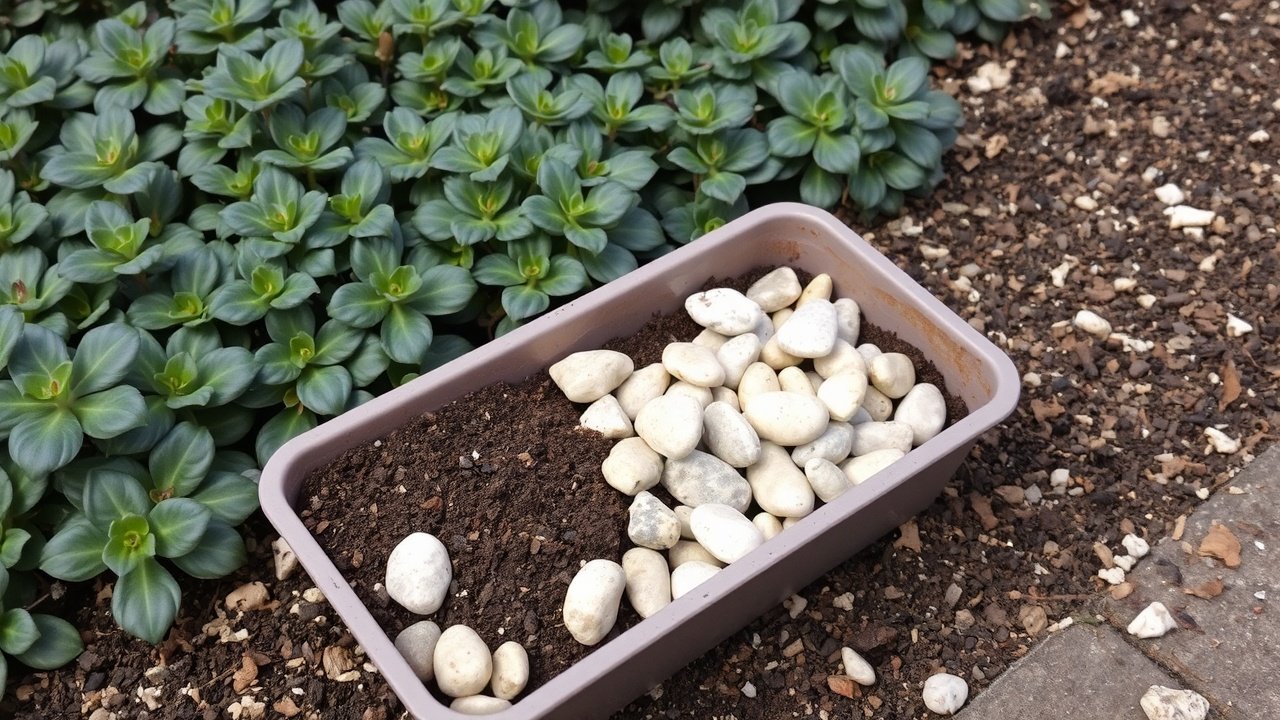 A shallow tray of soil and stones placed near dense groundcover plants