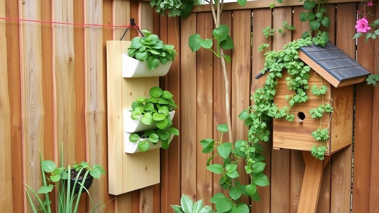 A compact corner with a vertical planter hung on a fence and a bee house attached nearby