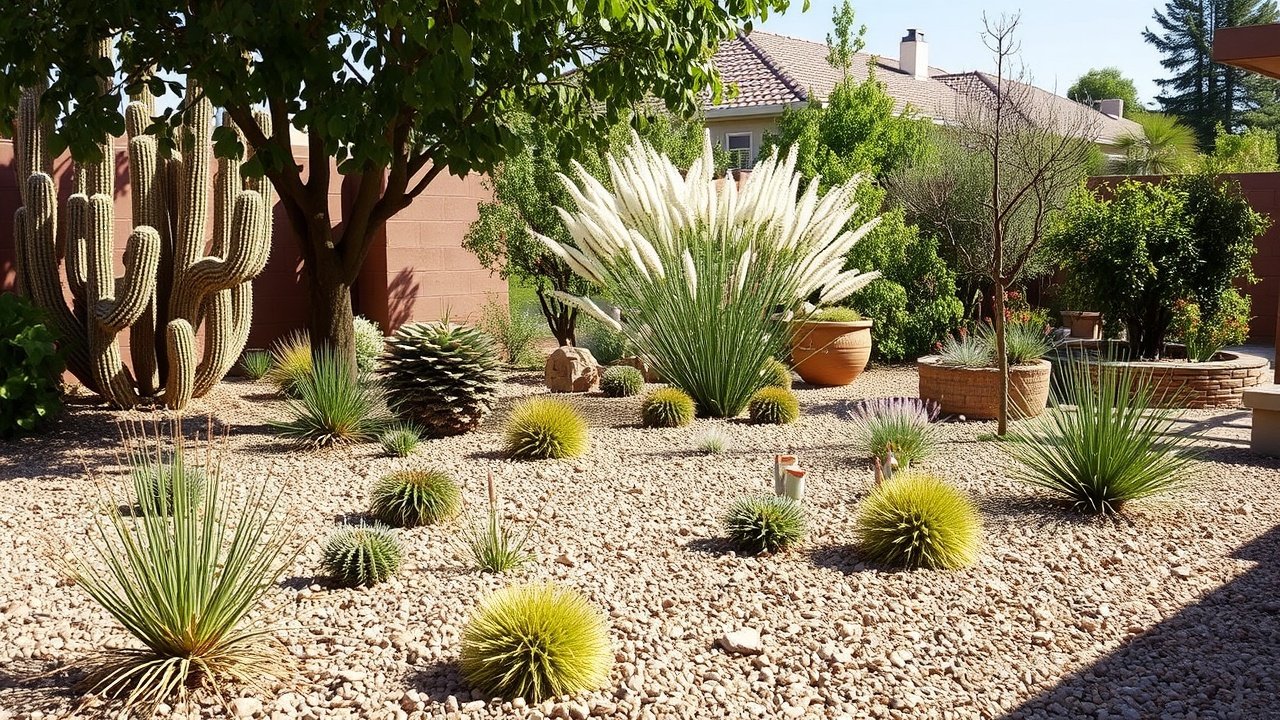 A yard with gravel beds and groups of drought-tolerant plants