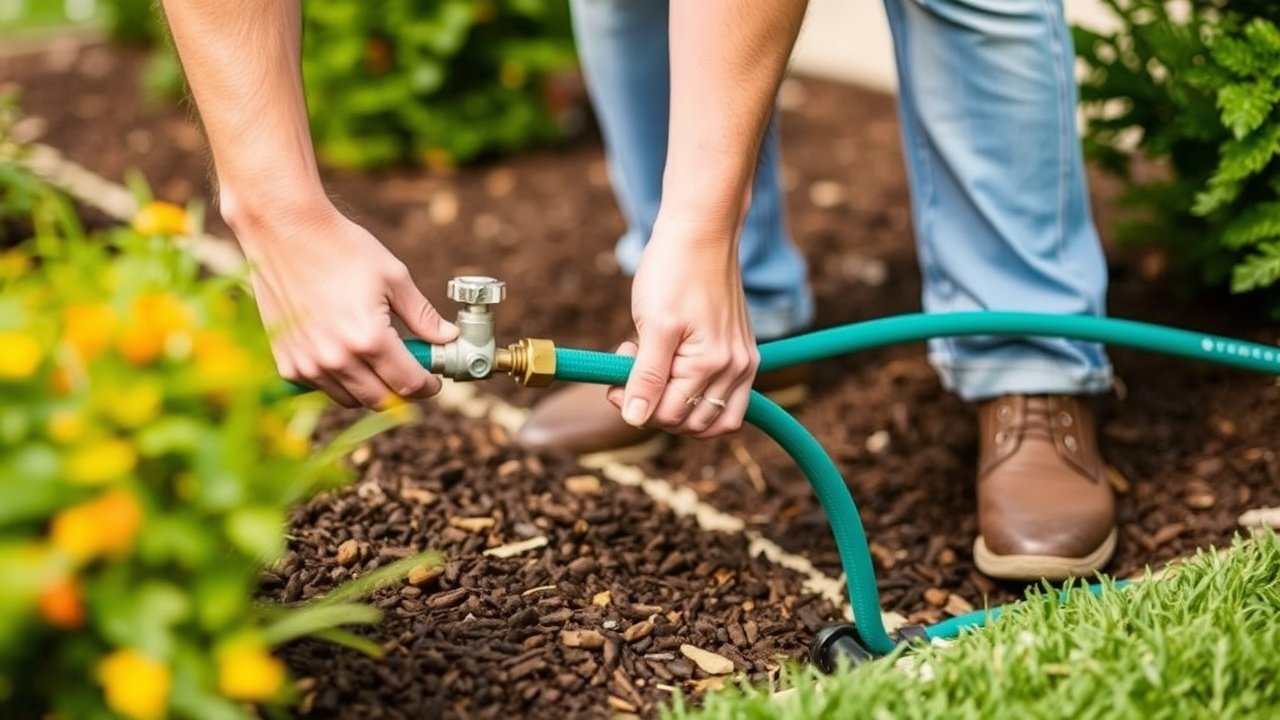 A person turning off a hose next to mulch beds and a small drip line
