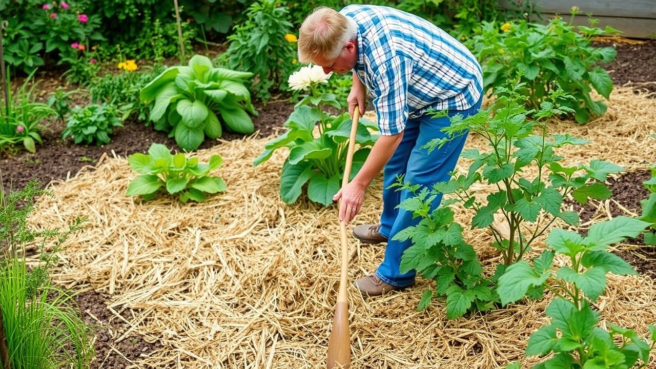A gardener spreading a layer of straw mulch around vegetable plants