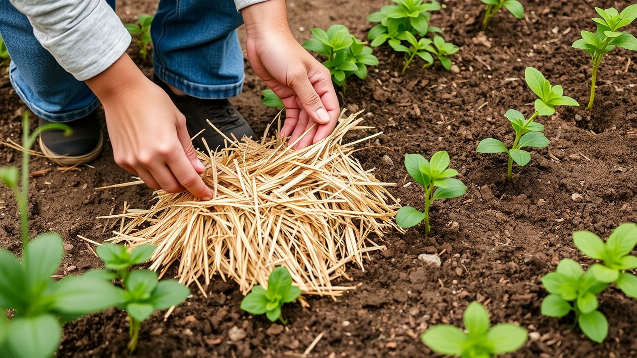 Hands spreading a thin layer of straw mulch over the soil around young plants