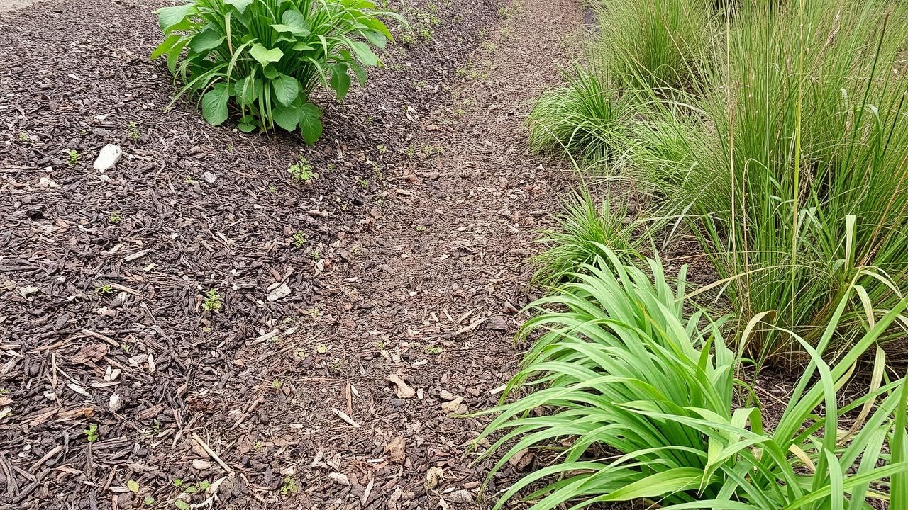 A mulch path winds between low native plants