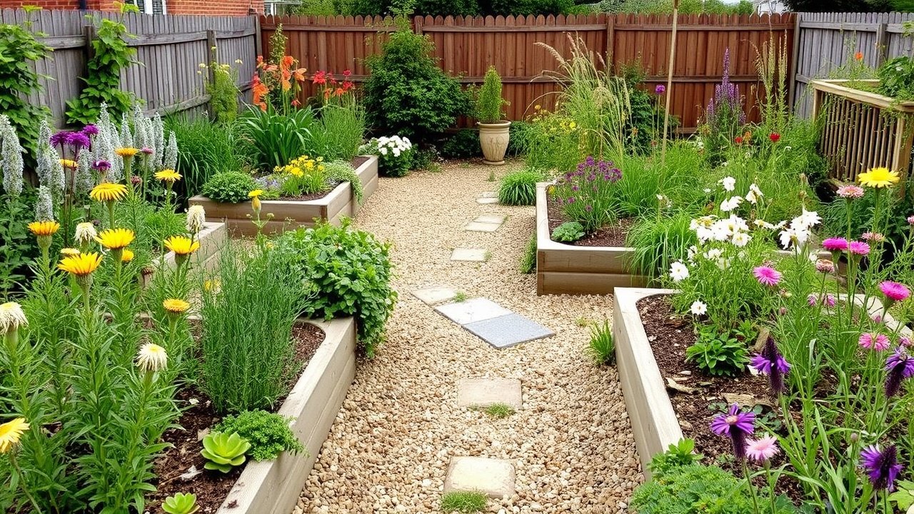 A tidy backyard garden with gravel paths, raised beds, and native plants in bloom