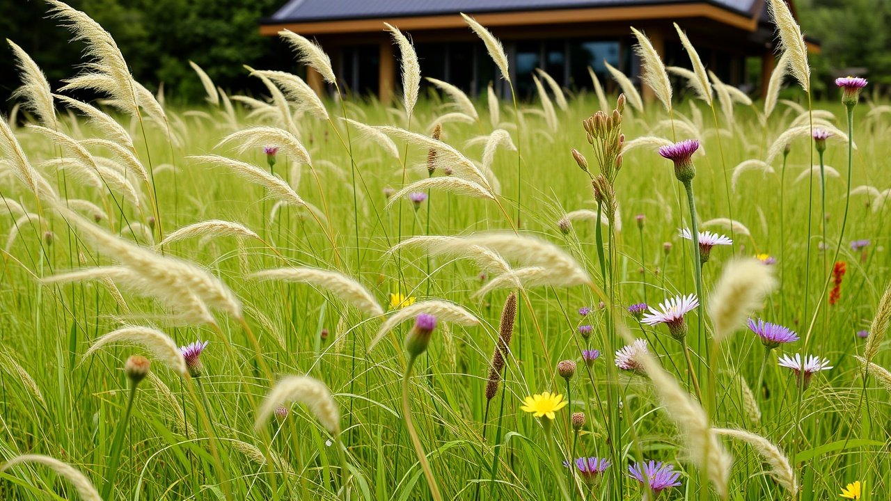 A meadow of native grasses and wildflowers swaying near a modern house.