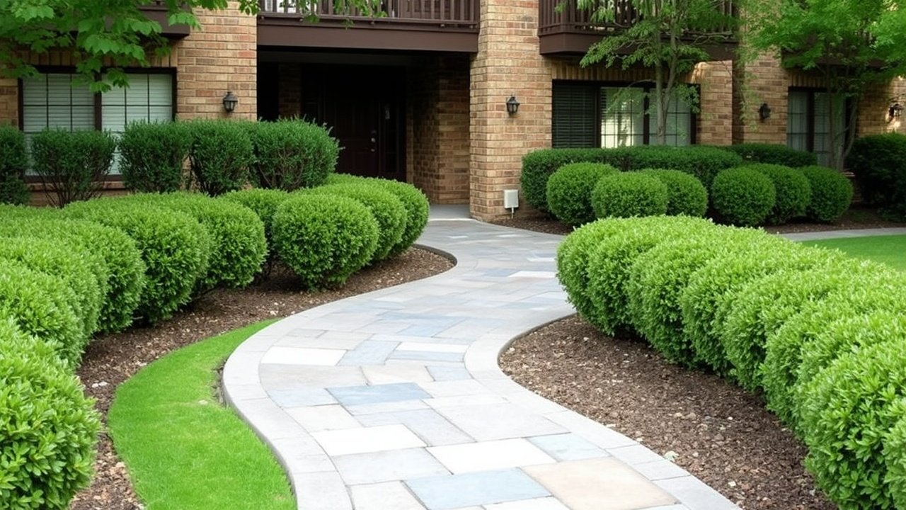 Curved stone walkway bordered by low shrubs leading to an apartment entrance