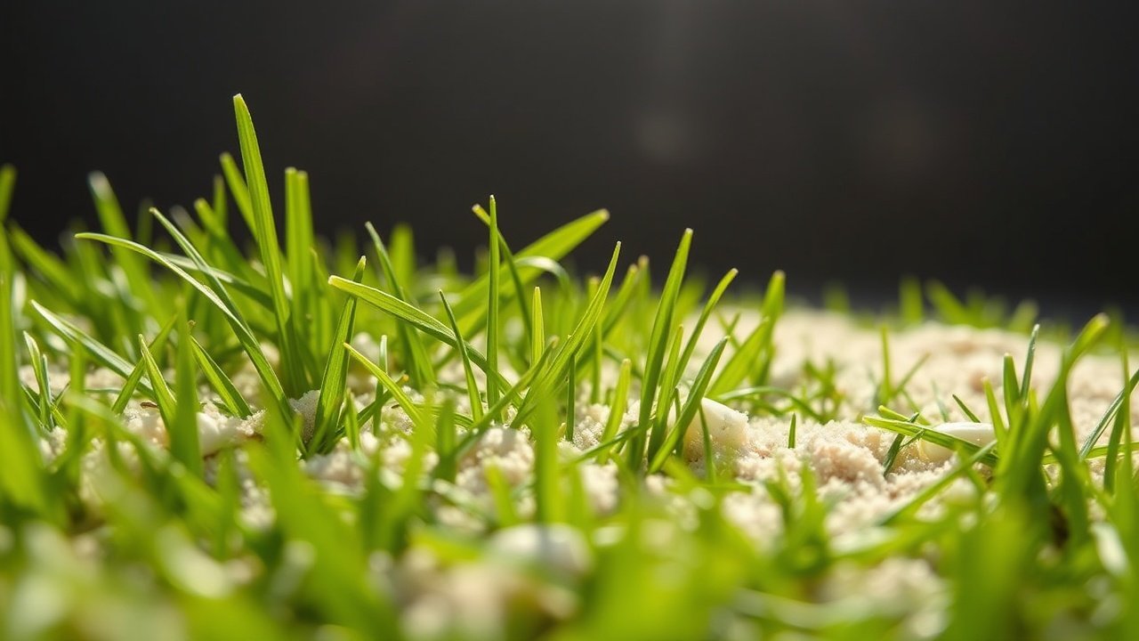A close view of artificial grass fibers and infill sand under bright light