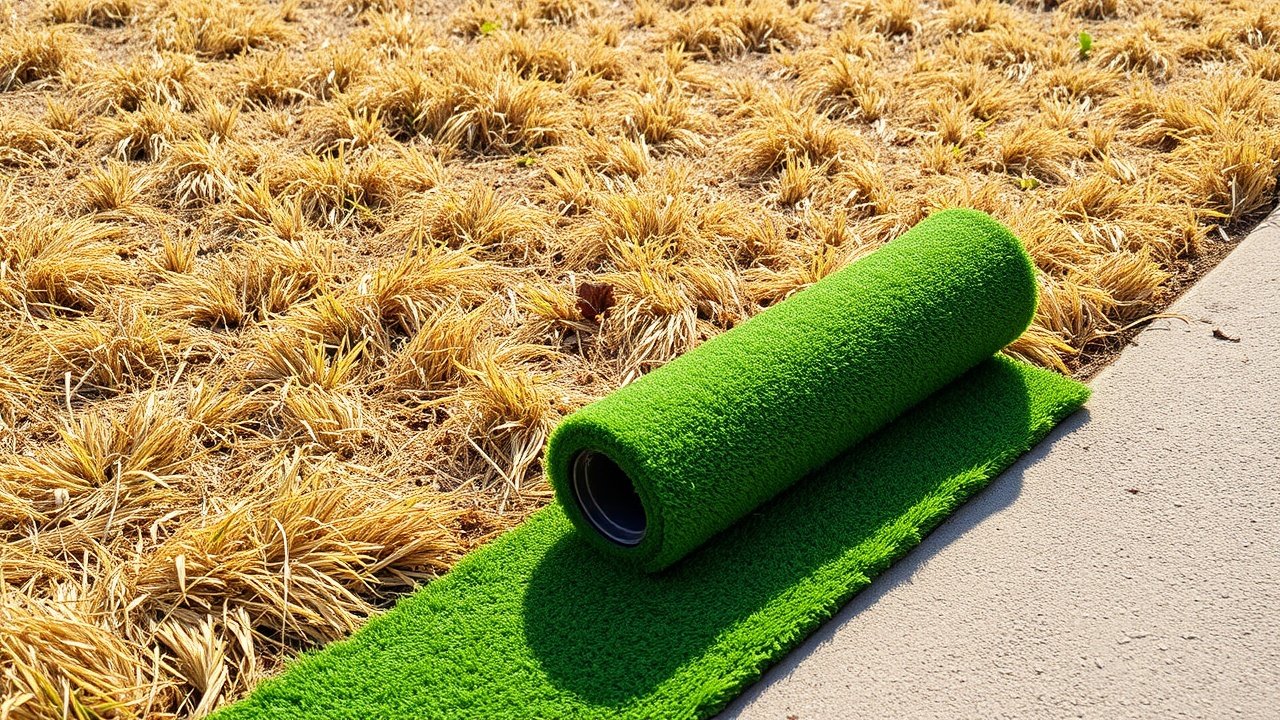 A roll of green artificial turf lies next to a patch of dry brown grass under a bright sun