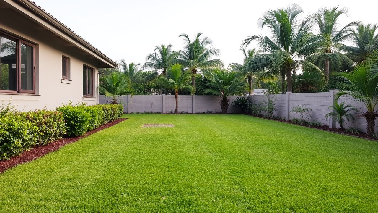 A neat green lawn next to a house with palm trees in the background