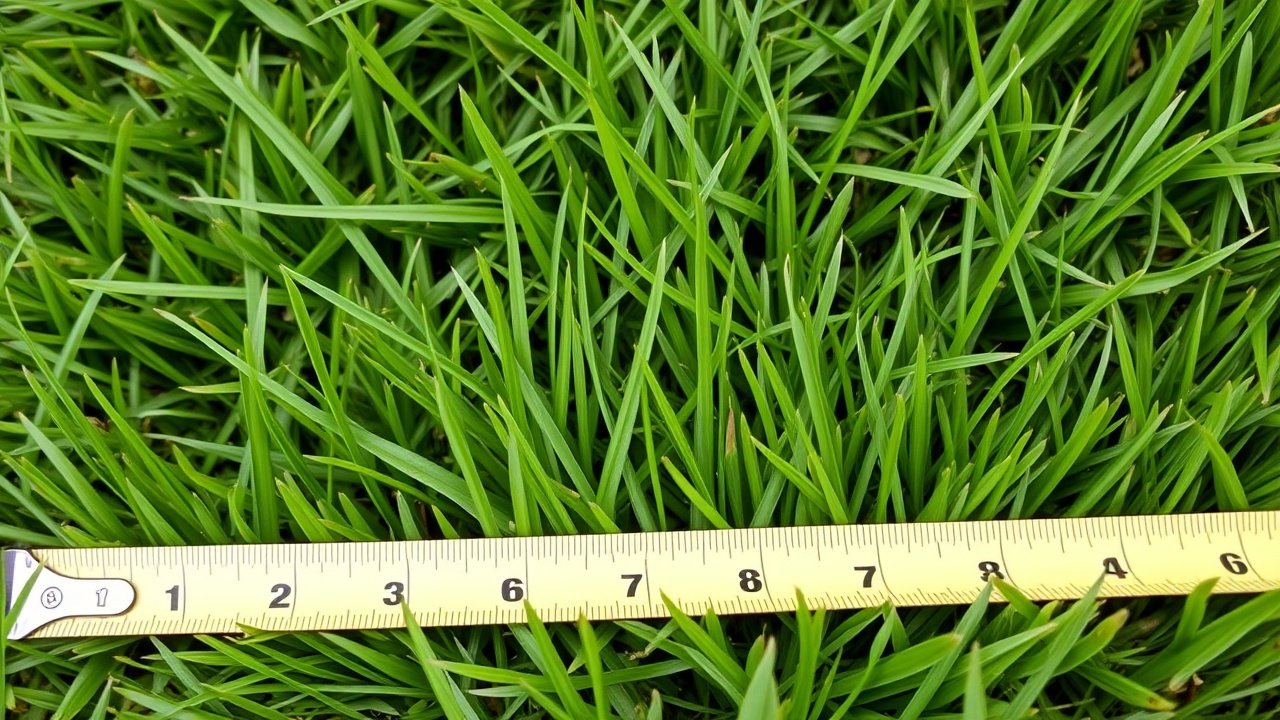 Best mowing height for a healthy lawn (complete chart) 4 A close view of a green lawn with a tape measure showing grass height in inches