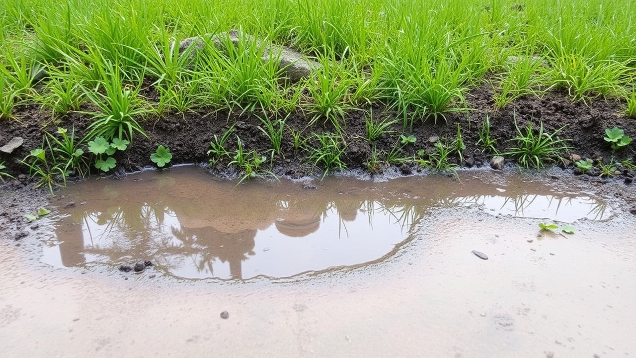 Soggy low spot in a new lawn with standing water
