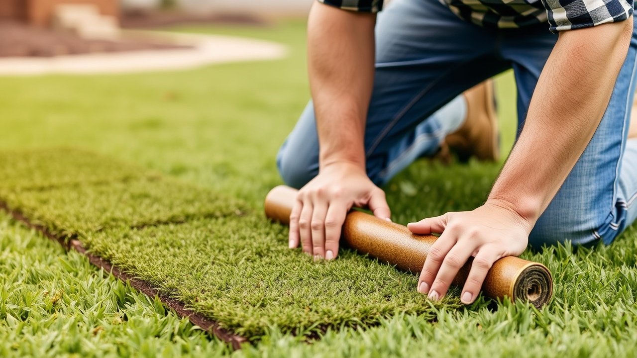 A homeowner kneeling on a lawn rolling out a strip of sod with bare hands