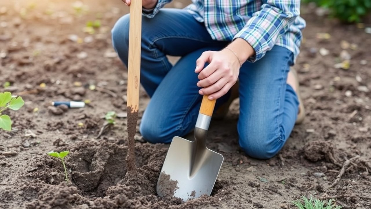 A homeowner kneels with a shovel next to a patch of bare soil.