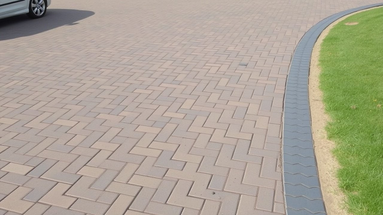 A neat paved driveway with clear joint lines and a rainwater channel at the side
