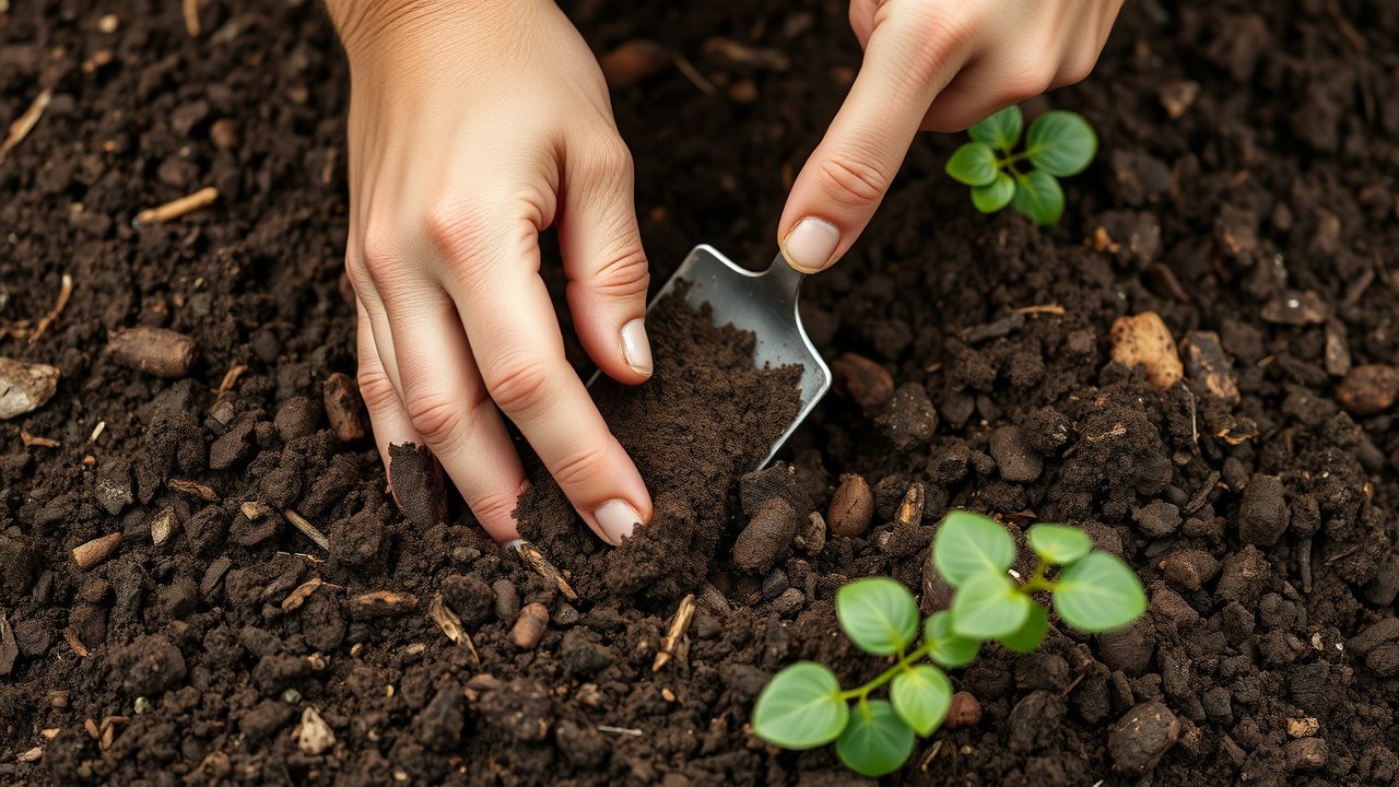 Close-up of hands mixing compost into soil with a small trowel
