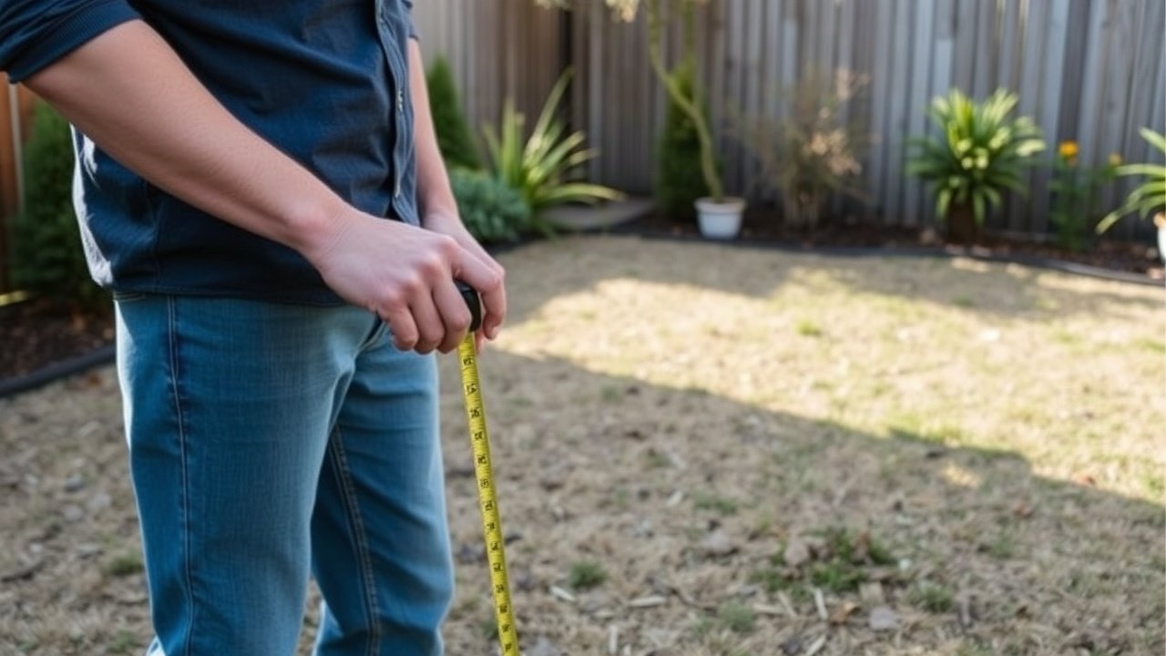 A person holds a tape measure over a bare backyard ready for grass