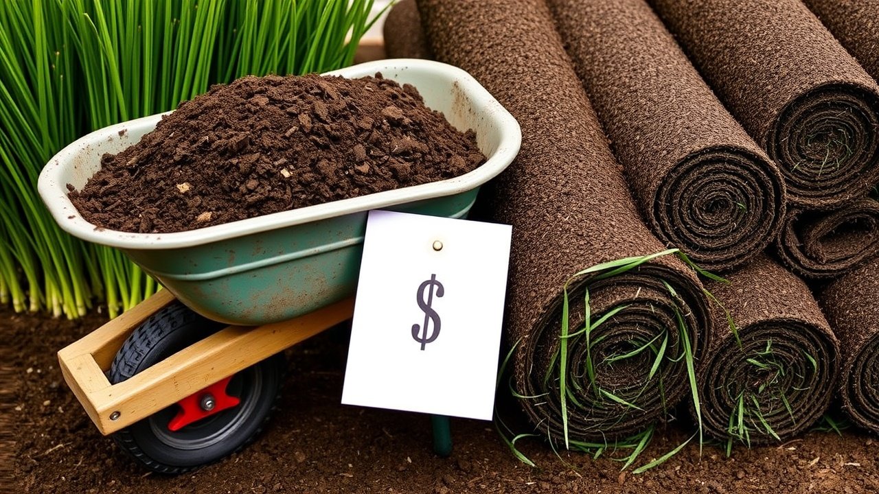 A wheelbarrow full of soil sits next to neat rolls of turf with a small dollar sign card