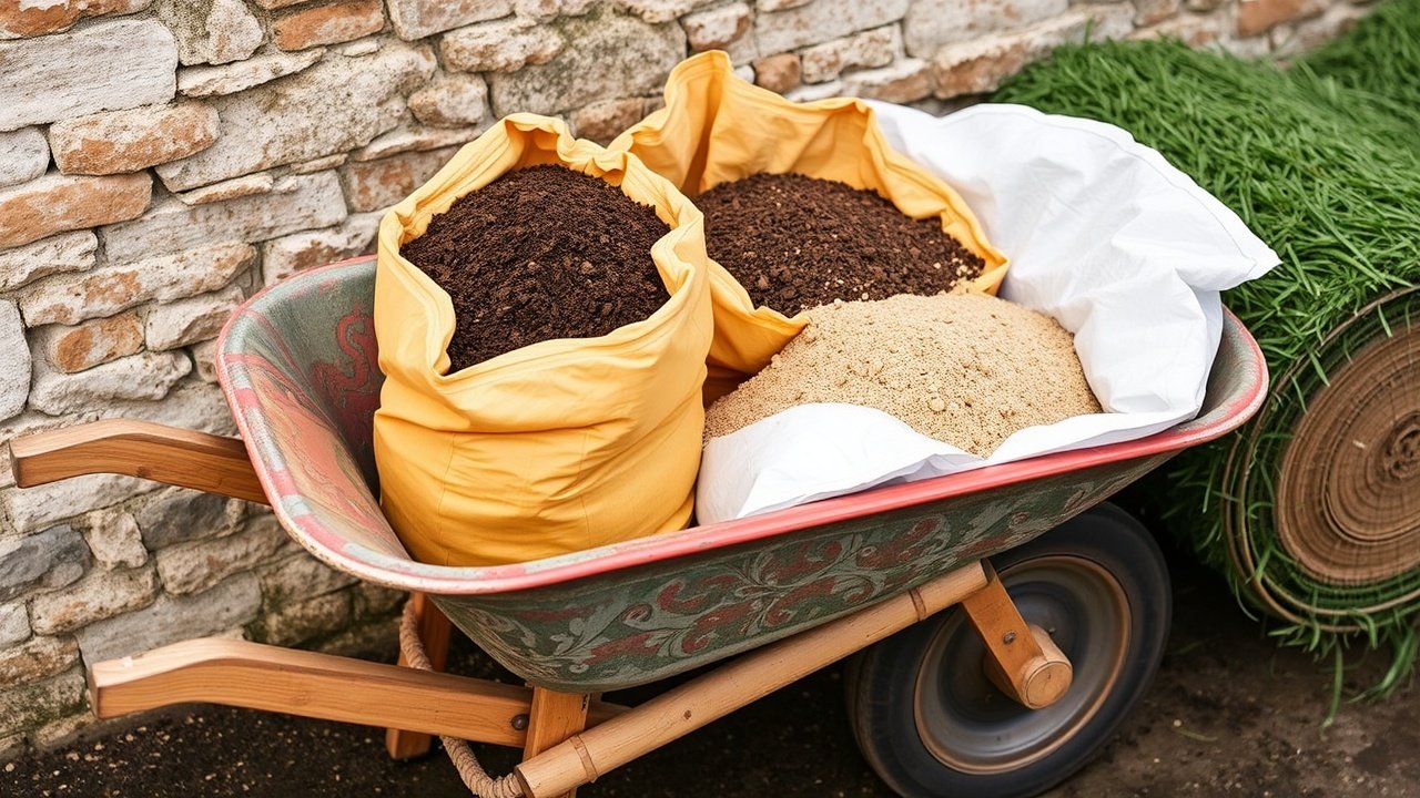 A wheelbarrow full of bags of soil and sand next to a roll of turf.
