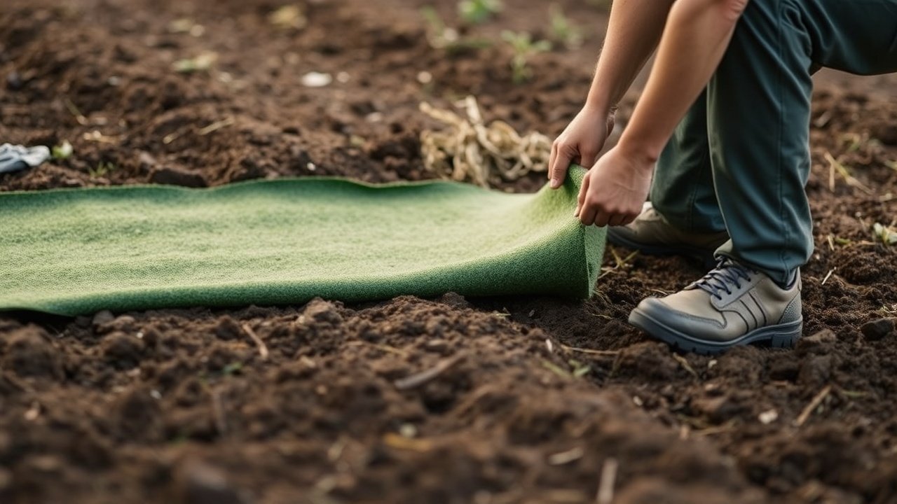 A worker unrolling a strip of sod on bare soil