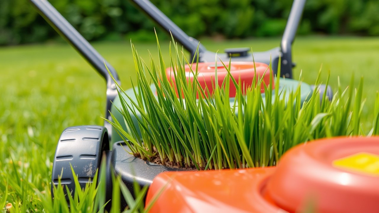 How often should you mow the lawn 4 A lawnmower cutting the front third of a grass blade while the rest remains tall